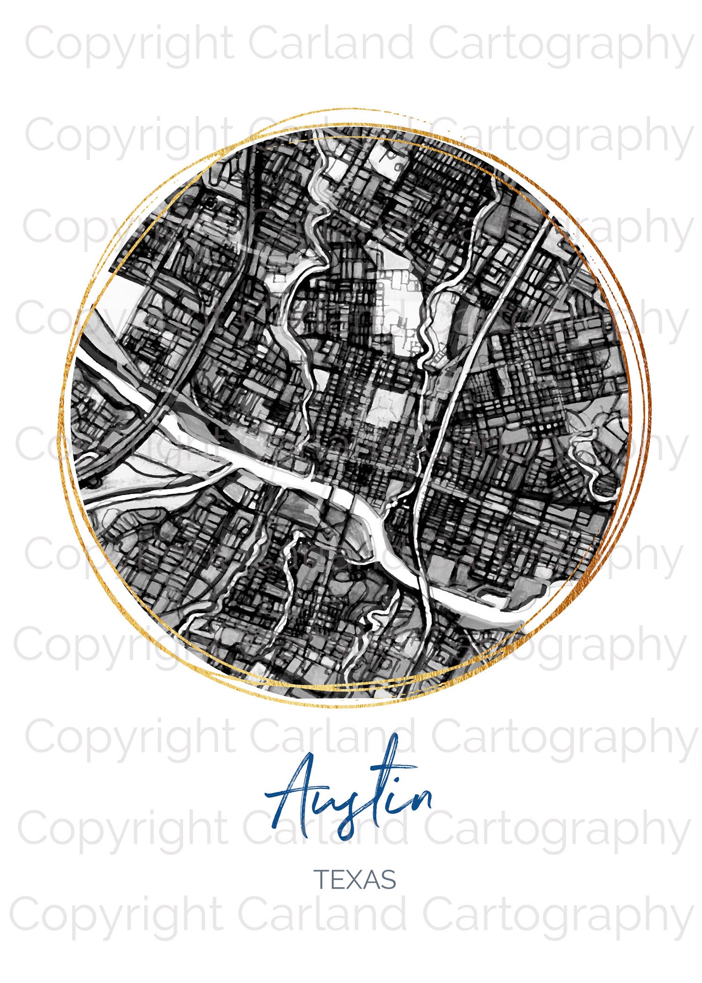 Austin TX Map Art - Digital Fine Art Print.  Black & White