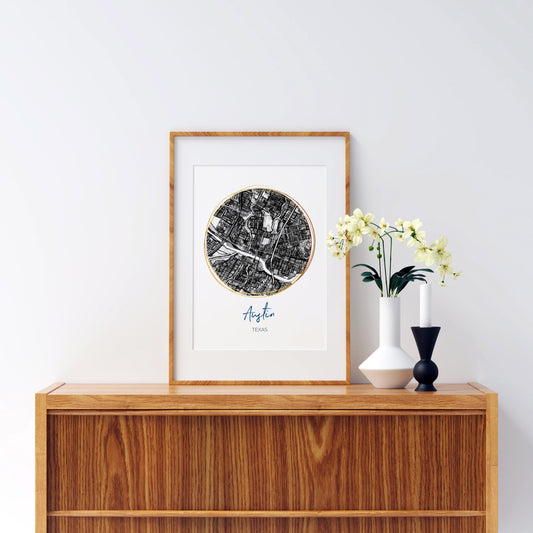 Austin TX Map Art - Digital Fine Art Print.  Black & White
