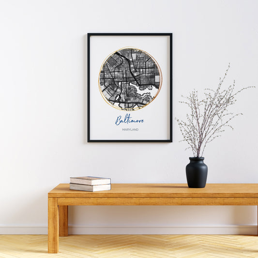 Baltimore MD Map Art - Digital Fine Art Print.  Black & White