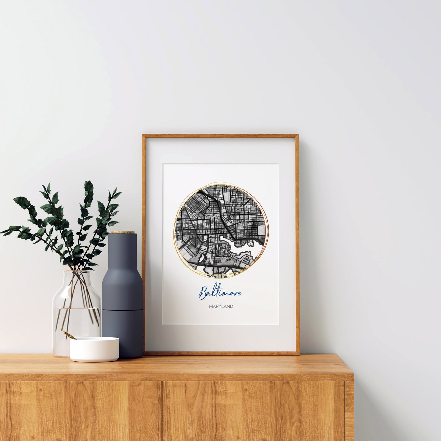 Baltimore MD Map Art - Digital Fine Art Print.  Black & White