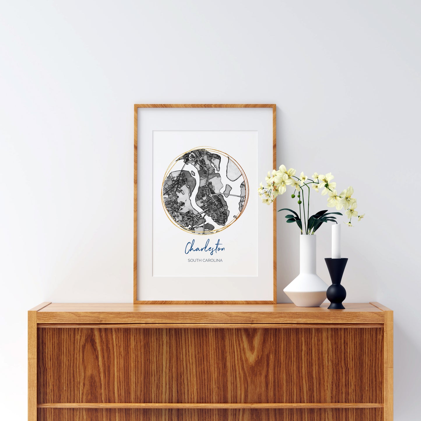 Charleston SC Map Art - Digital Fine Art Print.  Black & White