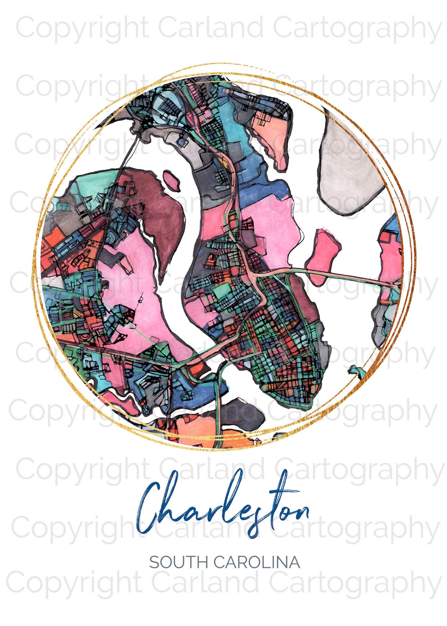 Charleston SC Map Art - Digital Fine Art Print. Full Color.