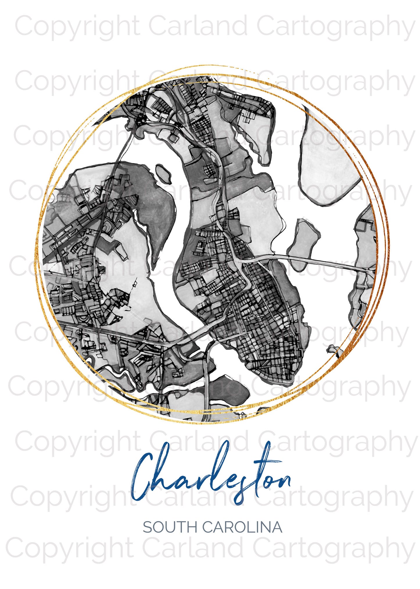 Charleston SC Map Art - Digital Fine Art Print.  Black & White