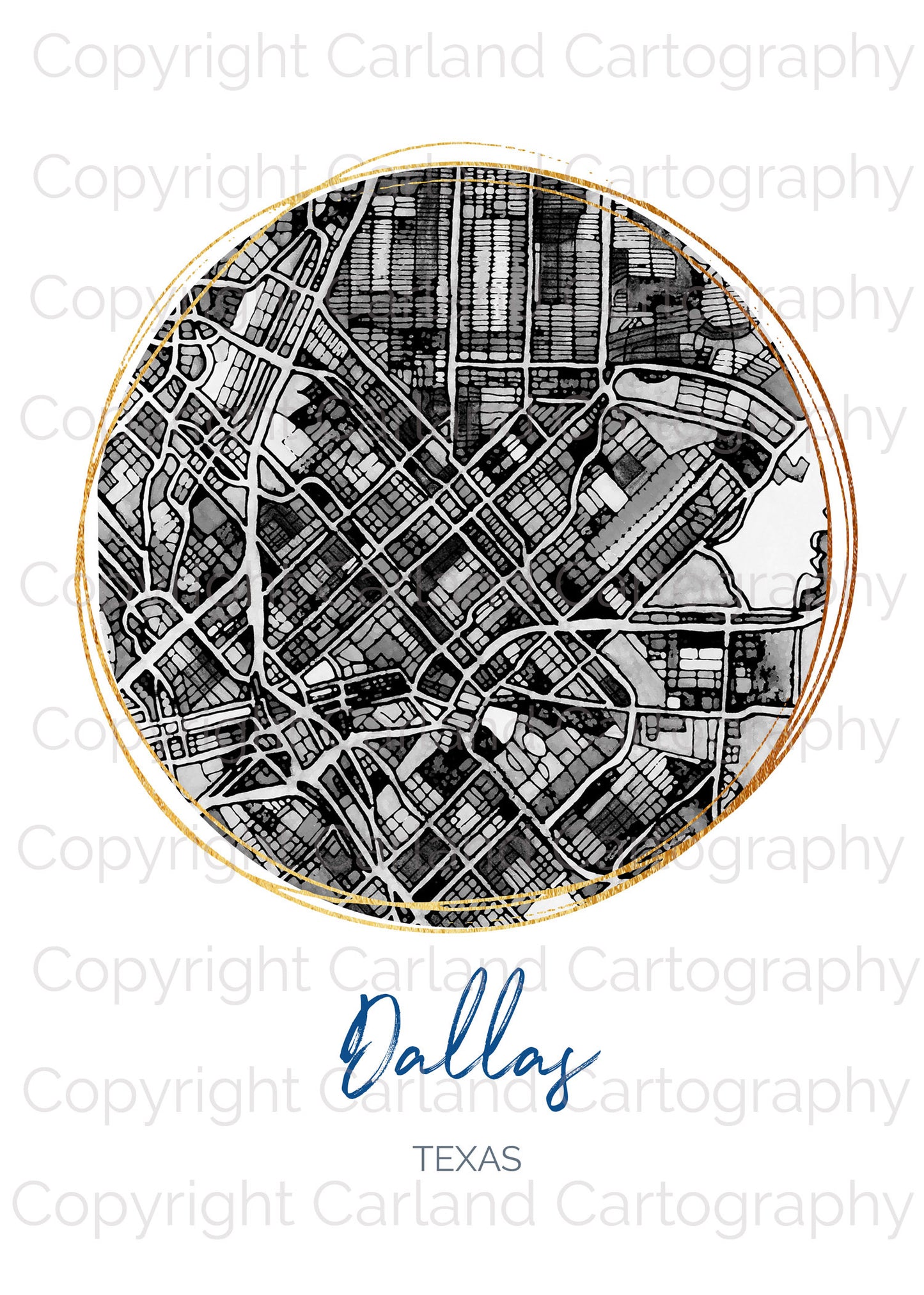 Dallas TX Map Art - Digital Fine Art Print.  Black & White
