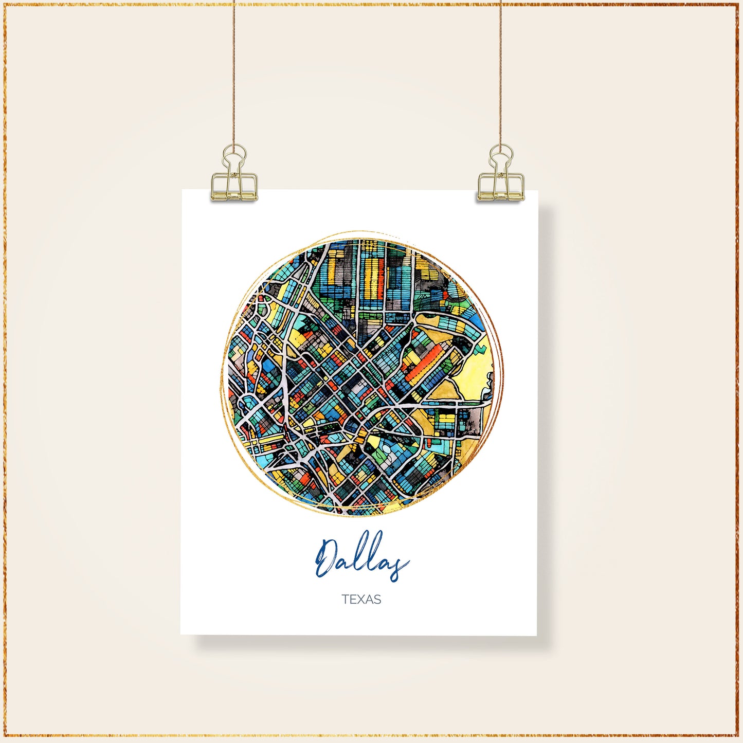 Dallas TX Map Art - Digital Fine Art Print. Full Color.