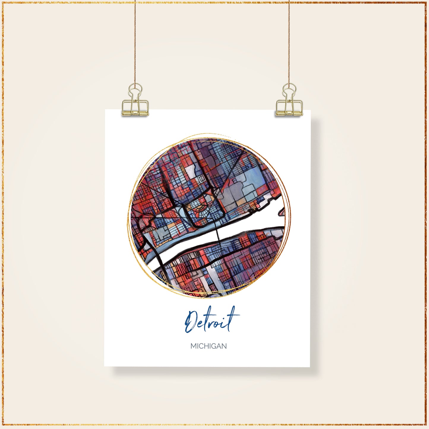 Detroit MI Map Art - Digital Fine Art Print. Full Color.