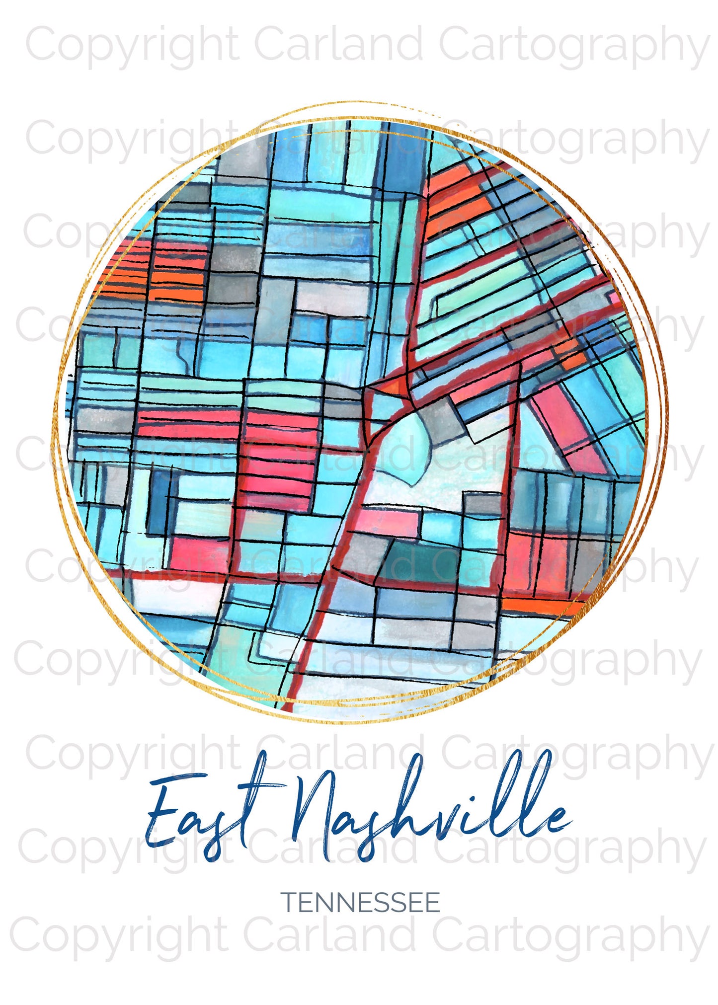 Nashville TN (East Nashville) Map Art - Digital Fine Art Print. Full Color