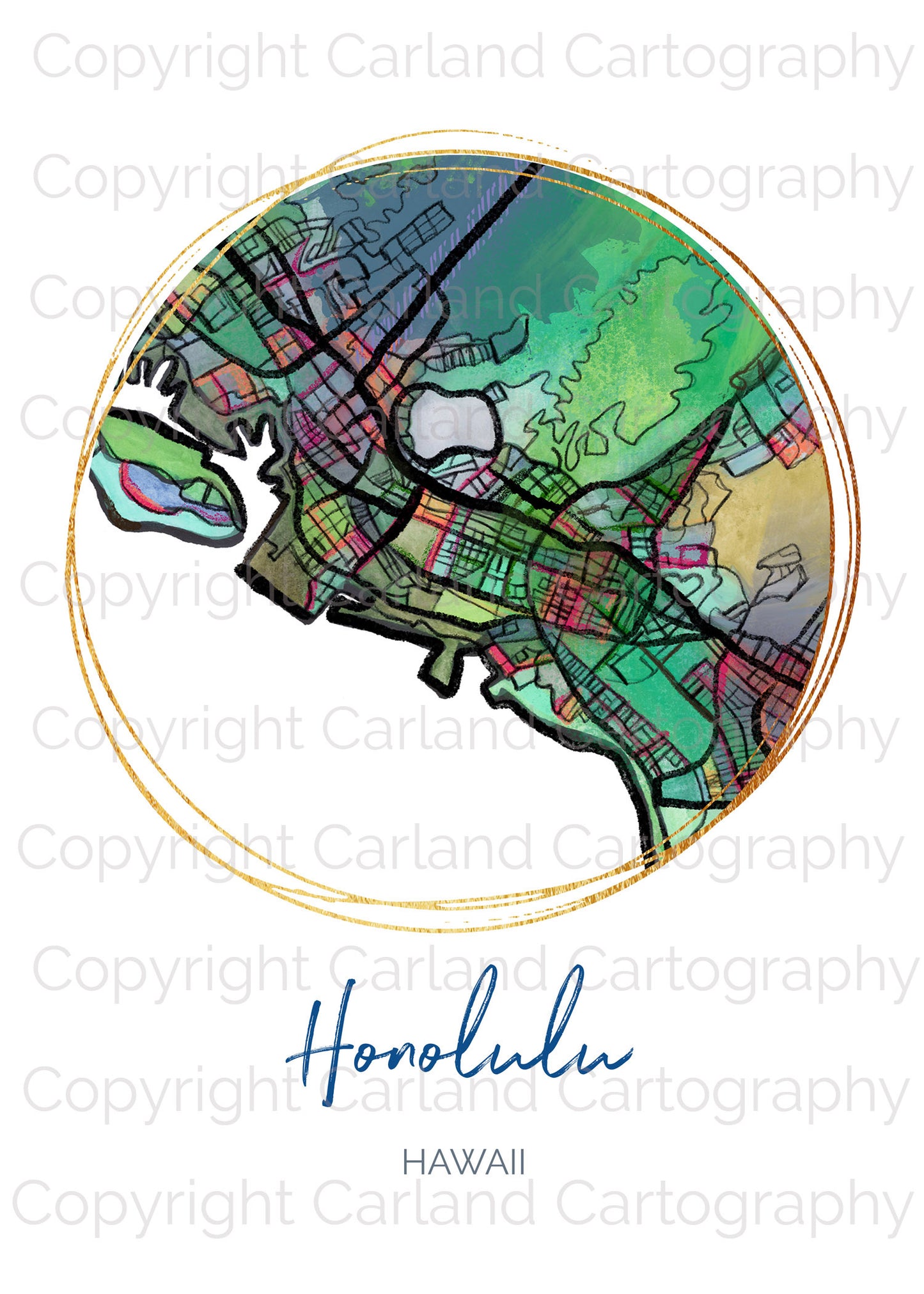 Honolulu HI Map Art - Digital Fine Art Print. Full Color.