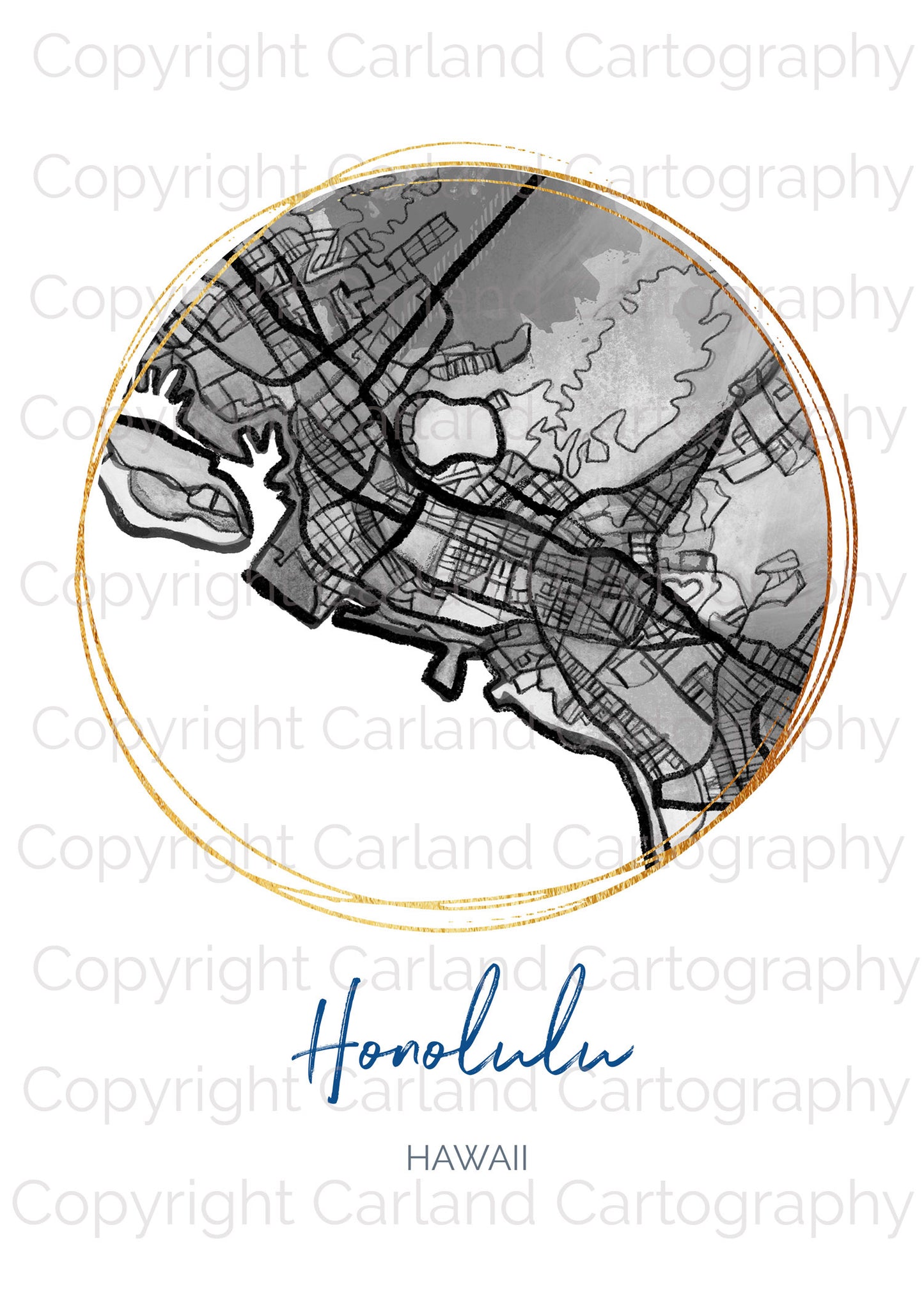 Honolulu HI Map Art - Digital Fine Art Print.  Black & White