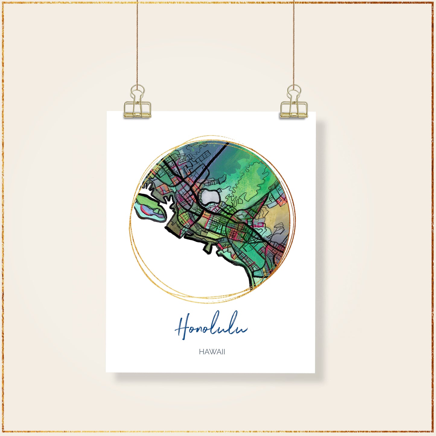 Honolulu HI Map Art - Digital Fine Art Print. Full Color.