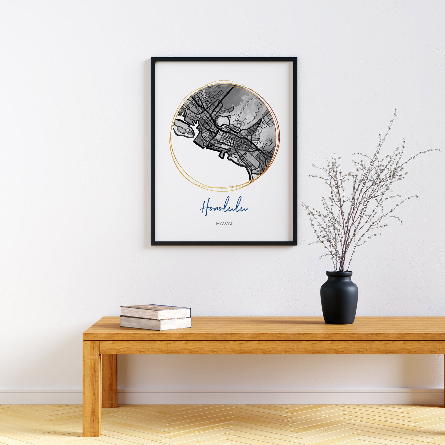 Honolulu HI Map Art - Digital Fine Art Print.  Black & White