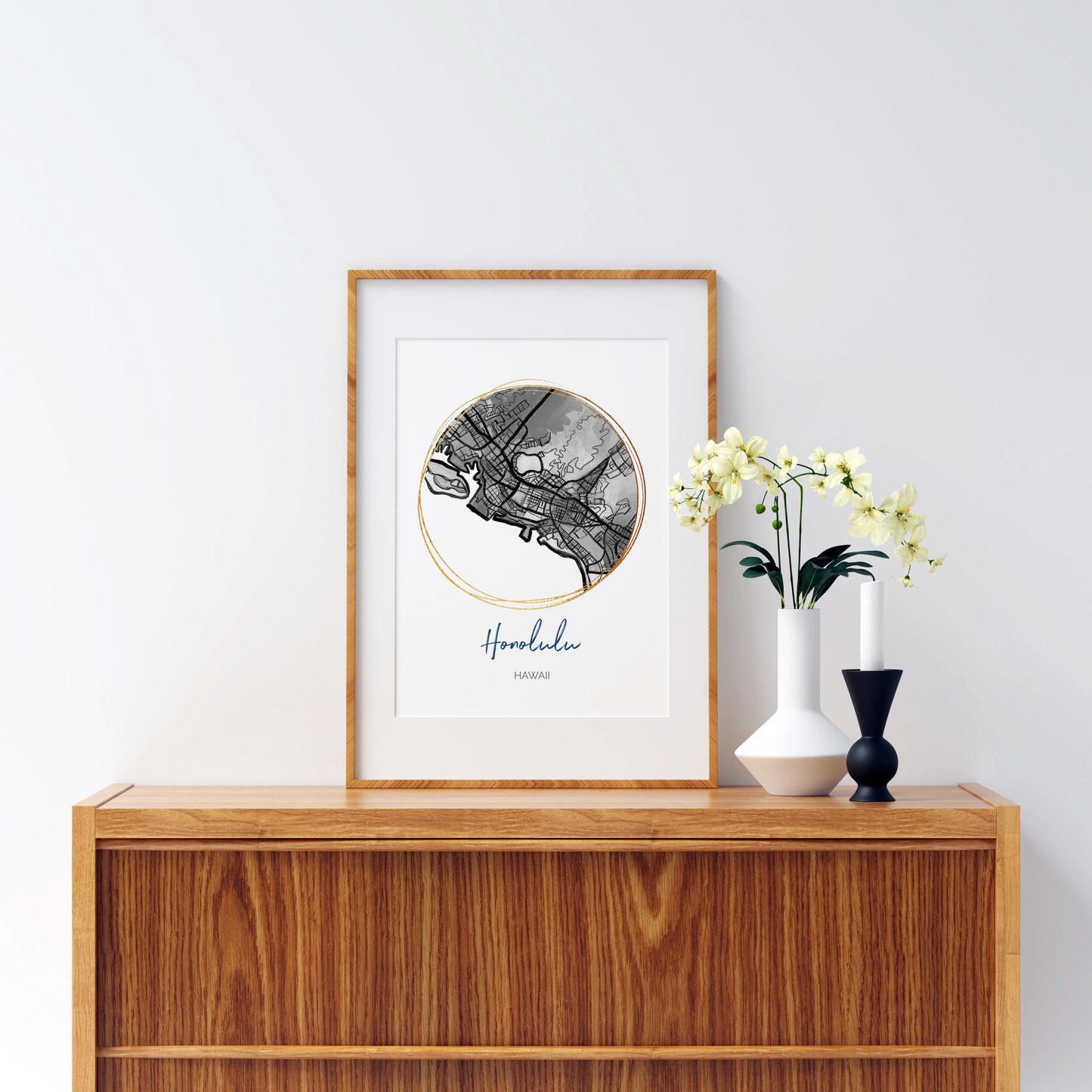 Honolulu HI Map Art - Digital Fine Art Print.  Black & White