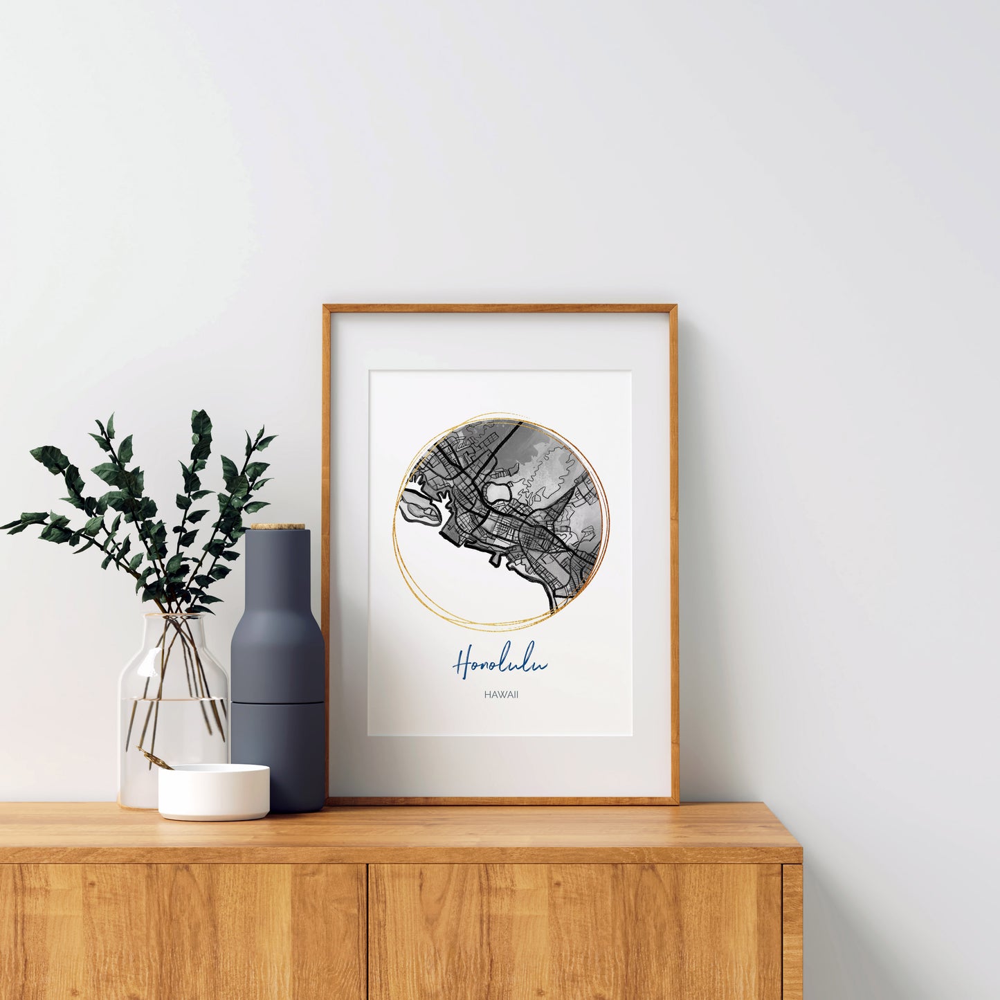 Honolulu HI Map Art - Digital Fine Art Print.  Black & White