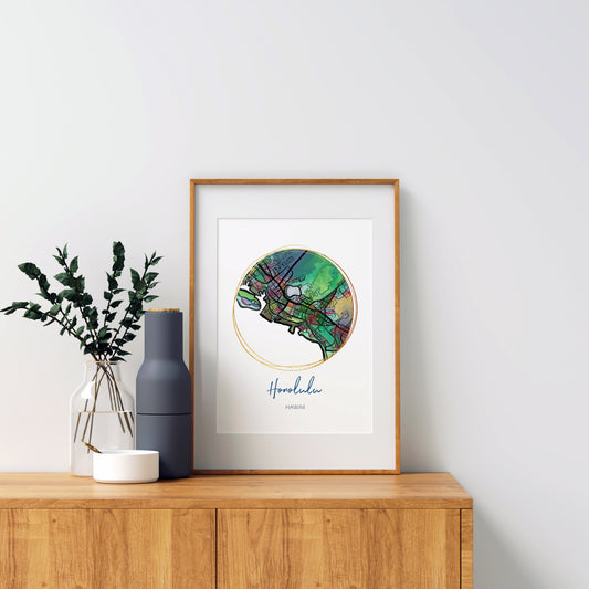 Honolulu HI Map Art - Digital Fine Art Print. Full Color.
