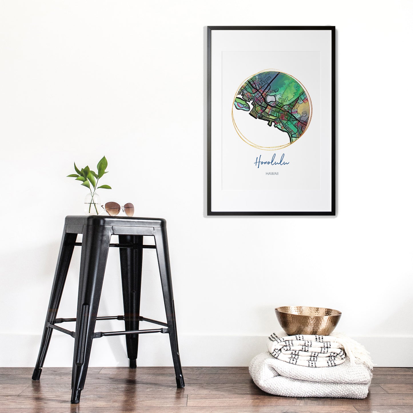 Honolulu HI Map Art - Digital Fine Art Print. Full Color.