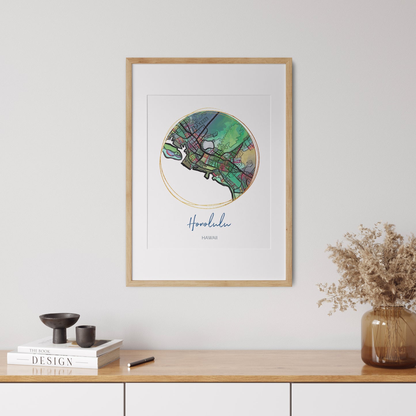 Honolulu HI Map Art - Digital Fine Art Print. Full Color.