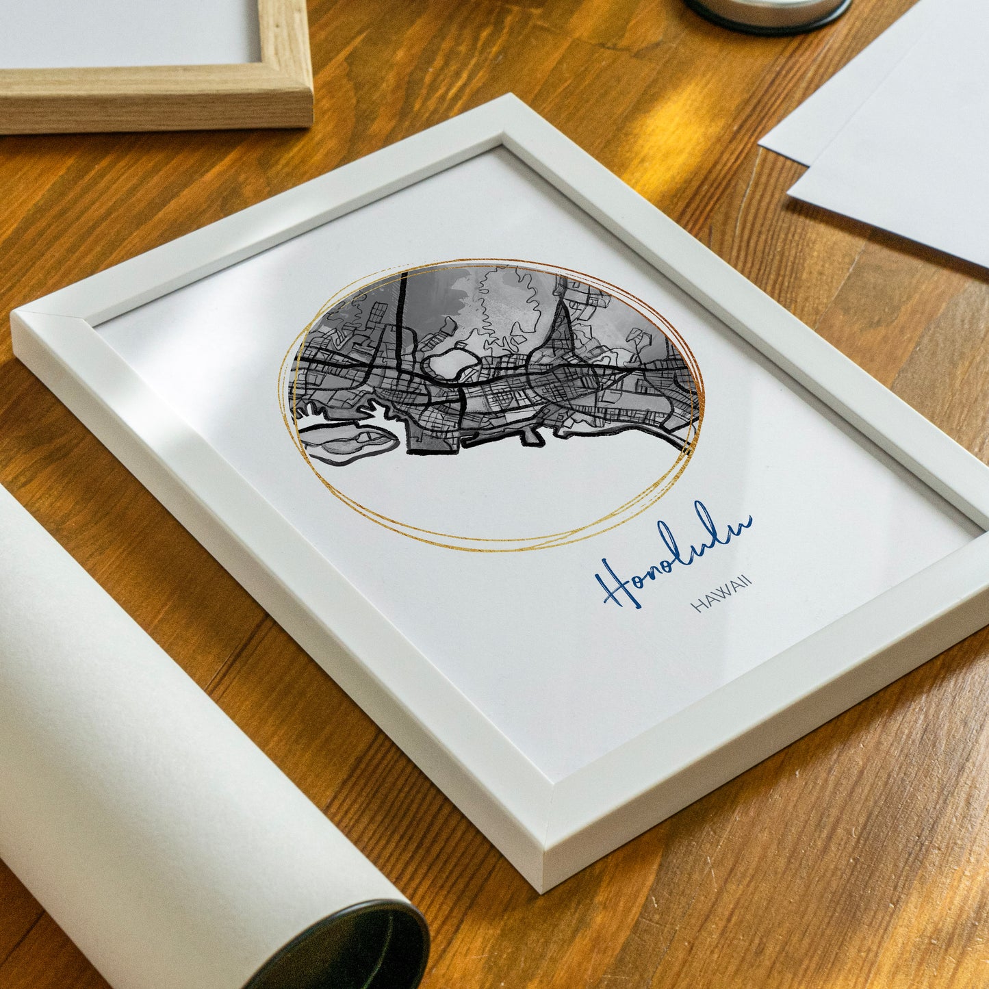 Honolulu HI Map Art - Digital Fine Art Print.  Black & White