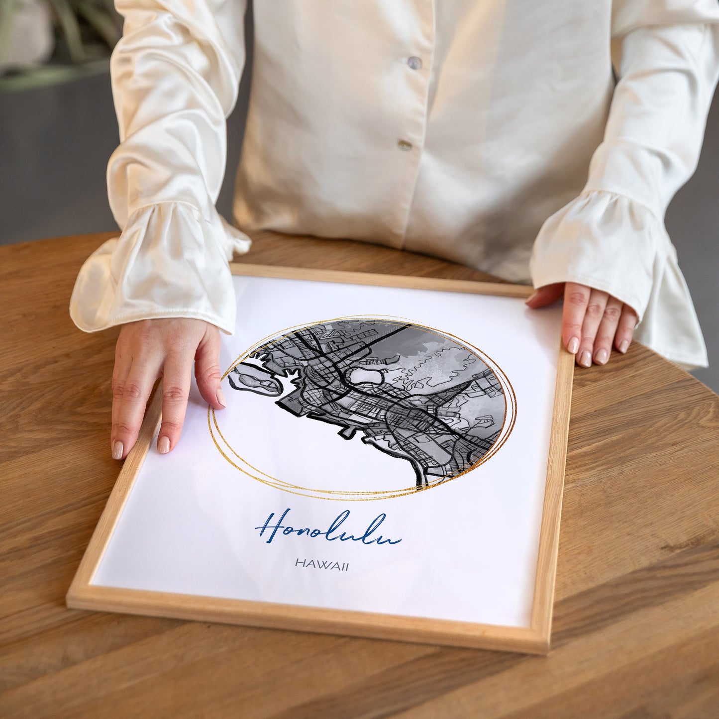 Honolulu HI Map Art - Digital Fine Art Print.  Black & White