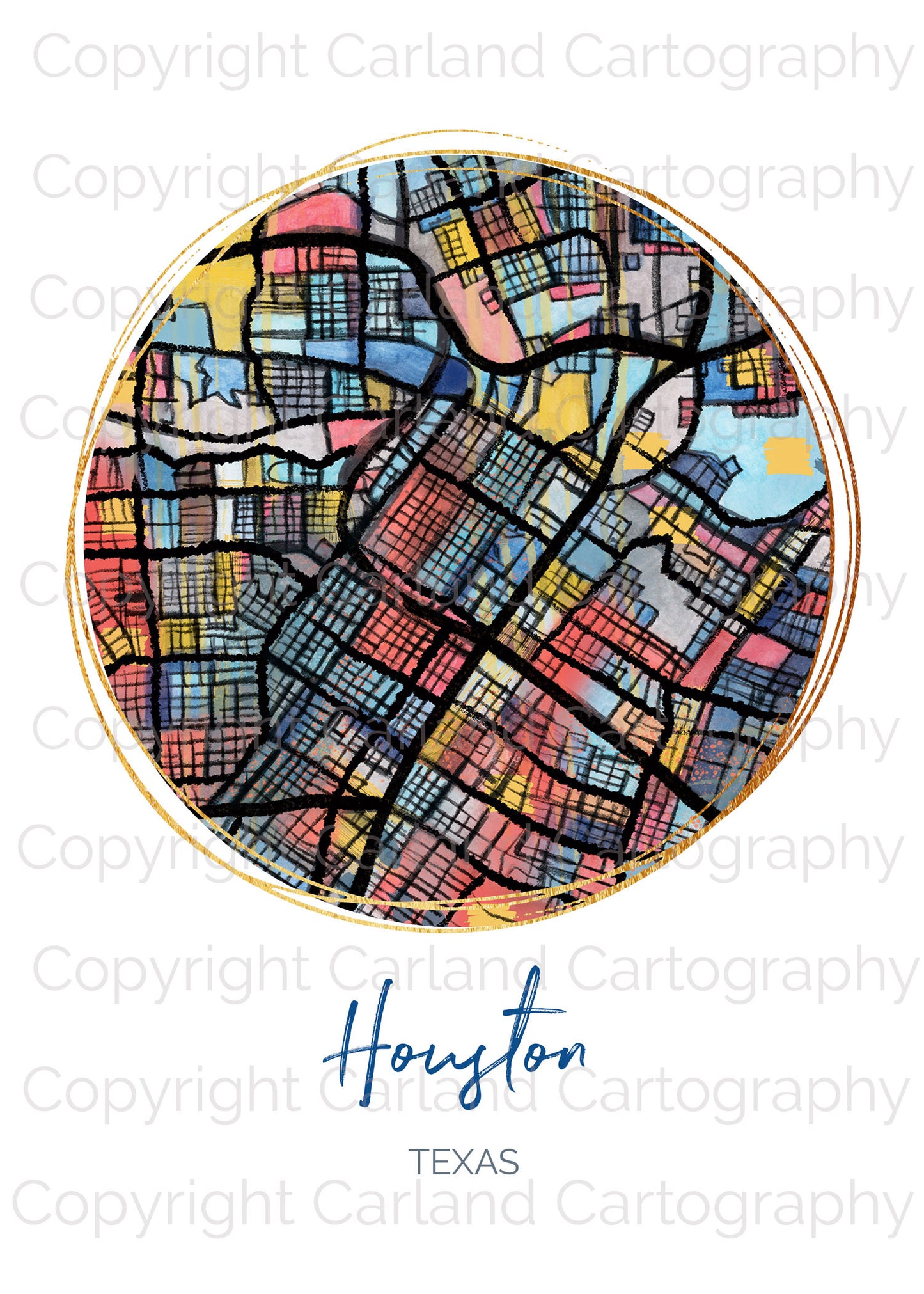 Houston TX Map Art - Digital Fine Art Print. Full Color.
