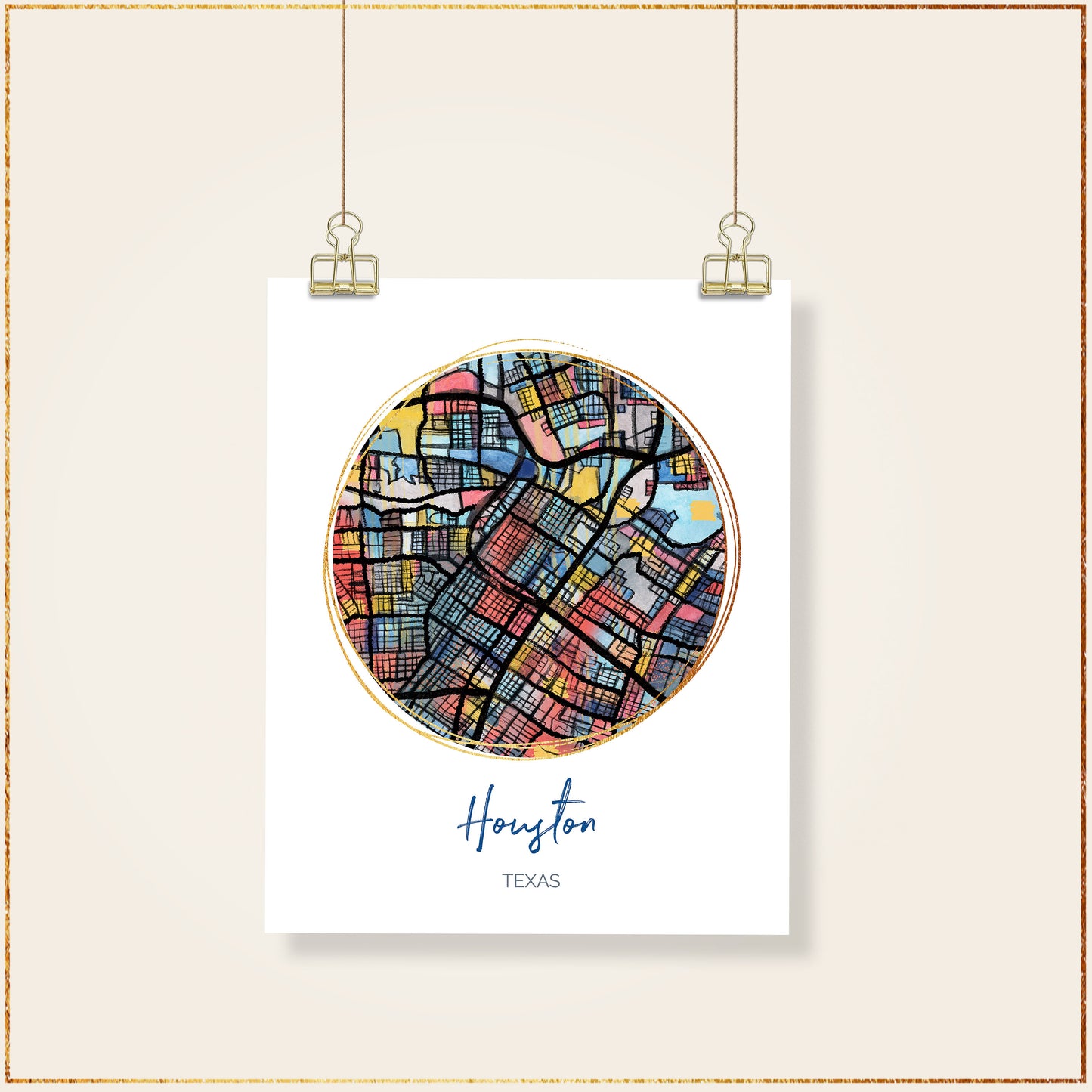 Houston TX Map Art - Digital Fine Art Print. Full Color.