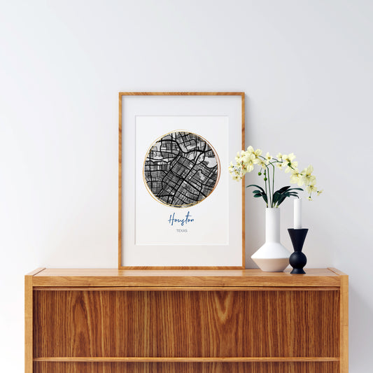 Houston TX Map Art - Digital Fine Art Print.  Black & White