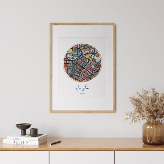 Houston TX Map Art - Digital Fine Art Print. Full Color.