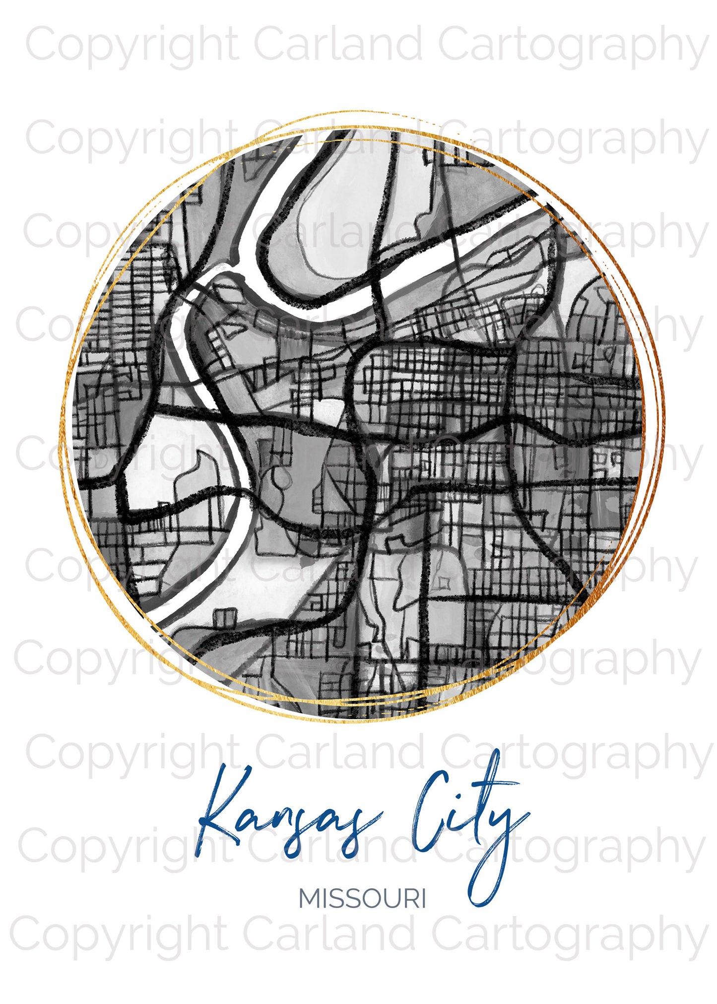 Kansas City MO Map Art - Digital Fine Art Print.  Black & White