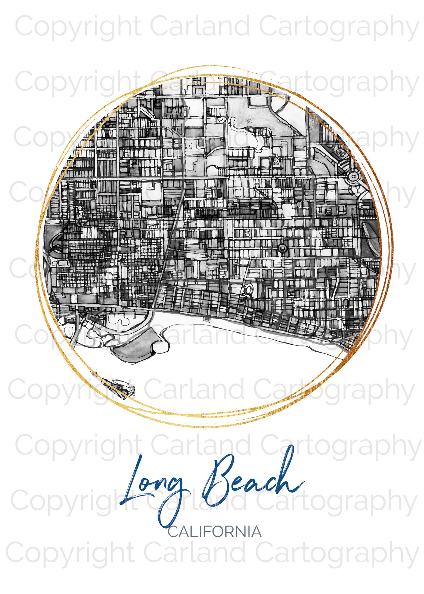 Long Beach CA Map Art - Digital Fine Art Print.  Black & White