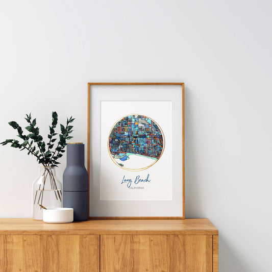 Long Beach CA Map Art - Digital Fine Art Print. Full Color.