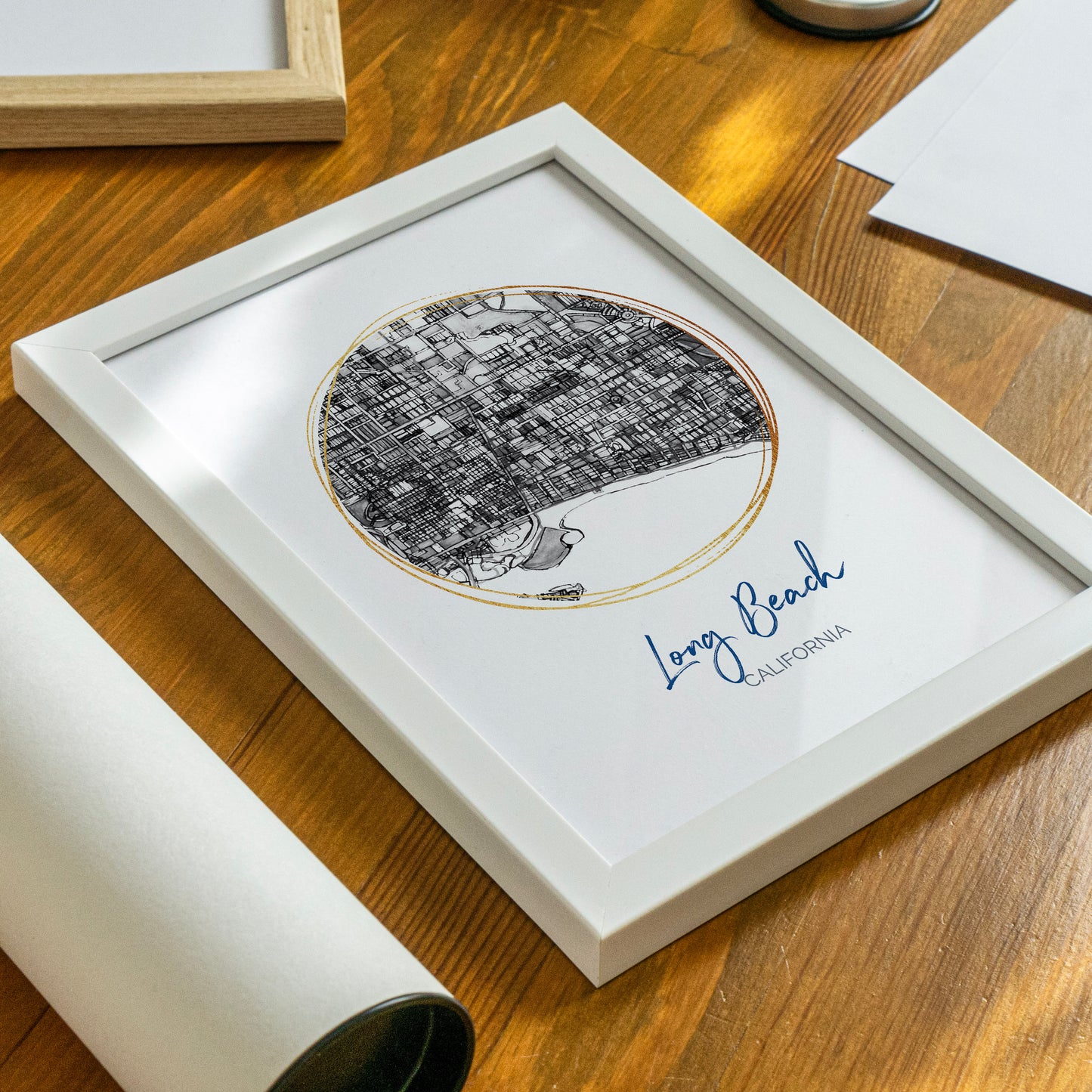 Long Beach CA Map Art - Digital Fine Art Print.  Black & White