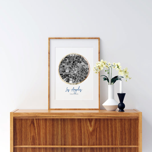 Los Angeles CA Map Art - Digital Fine Art Print.  Black & White