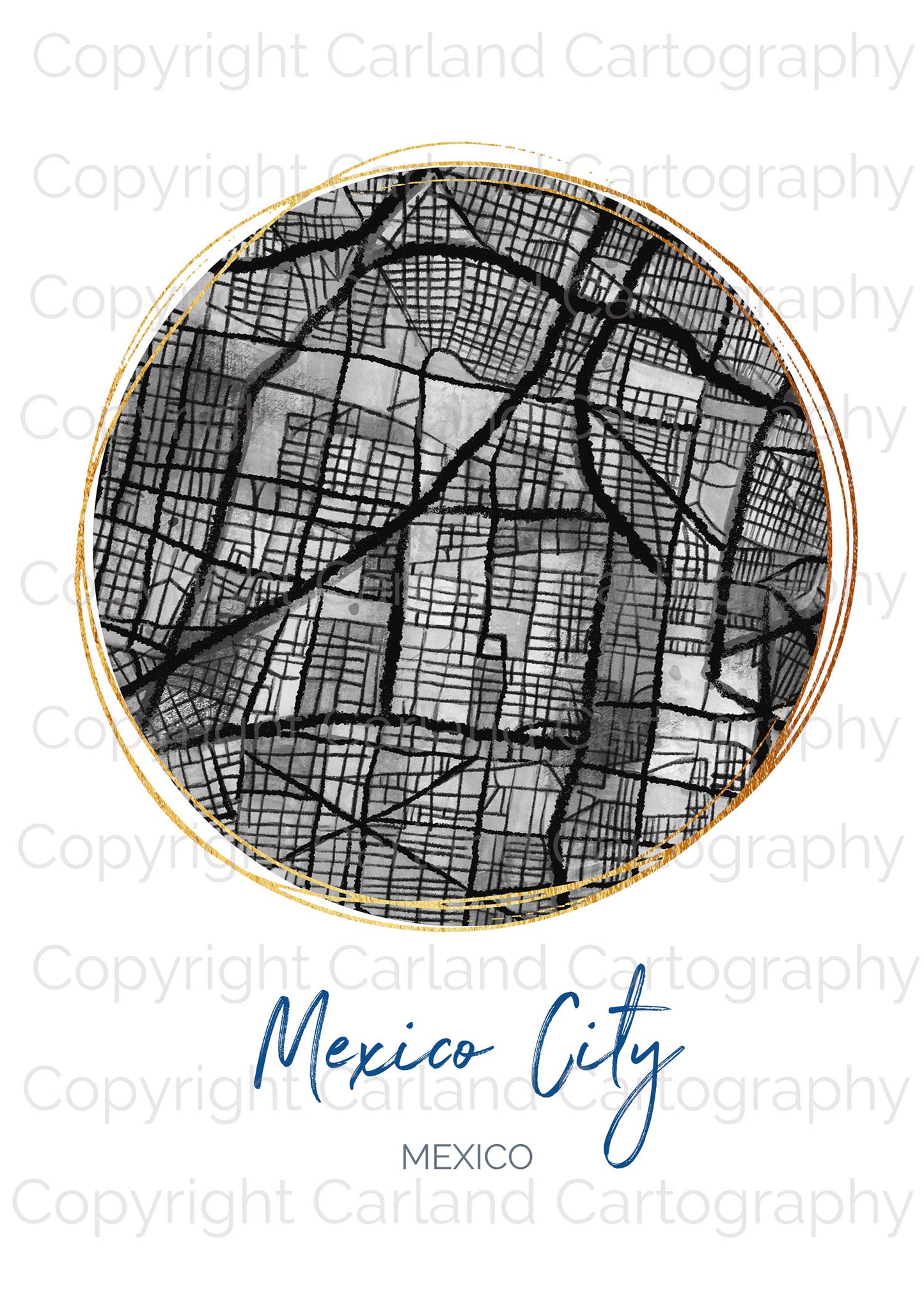 Mexico City Map Art - Digital Fine Art Print.  Black & White