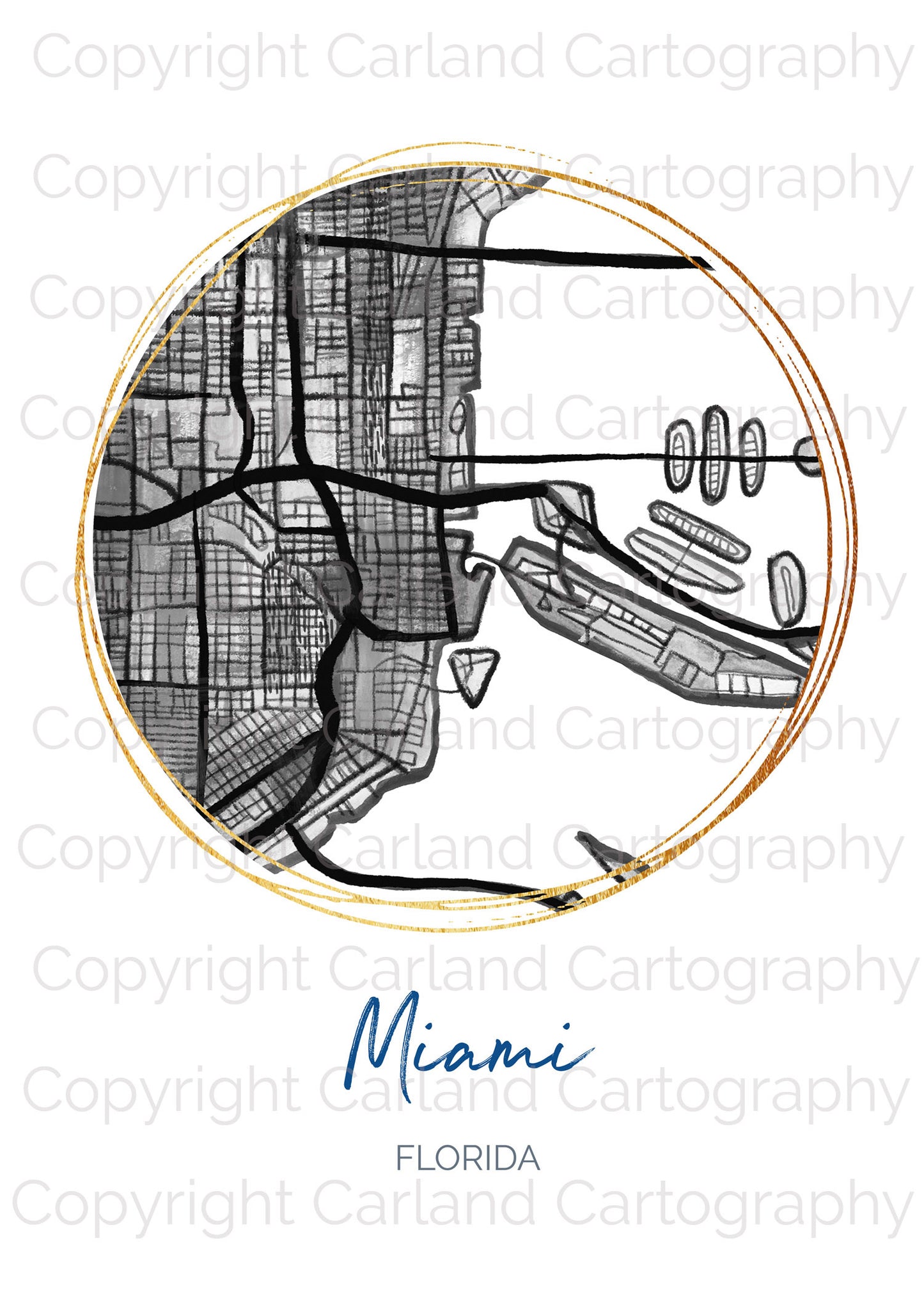 Miami FL Map Art - Digital Fine Art Print.  Black & White