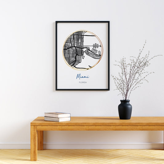 Miami FL Map Art - Digital Fine Art Print.  Black & White