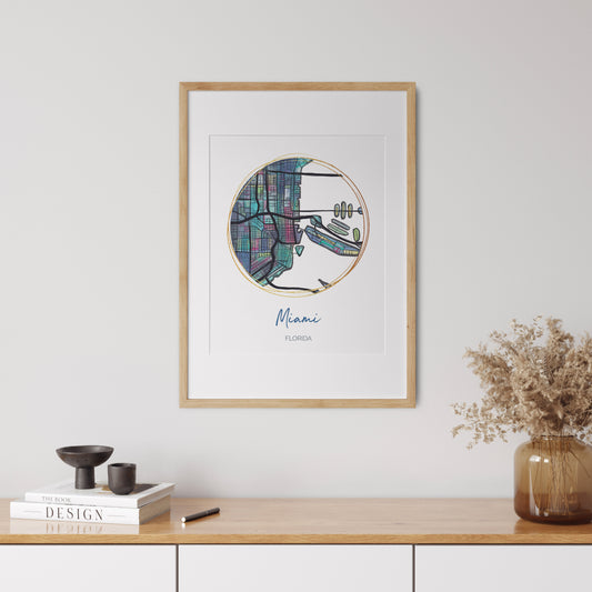 Miami FL Map Art - Digital Fine Art Print. Full Color.