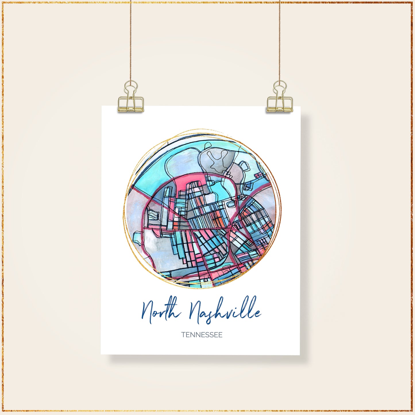 Nashville TN (North Nashville) Map Art - Digital Fine Art Print. Full Color