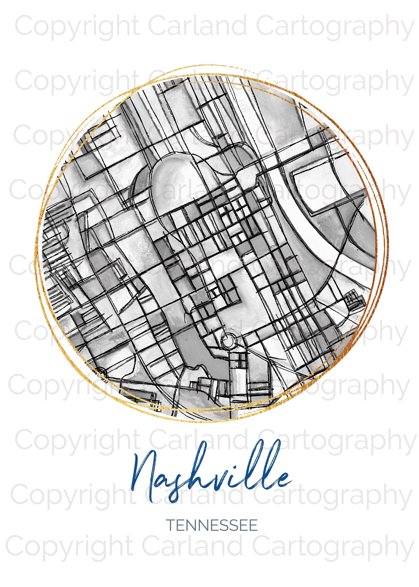 Nashville TN Map Art - Digital Fine Art Print.  Black & White
