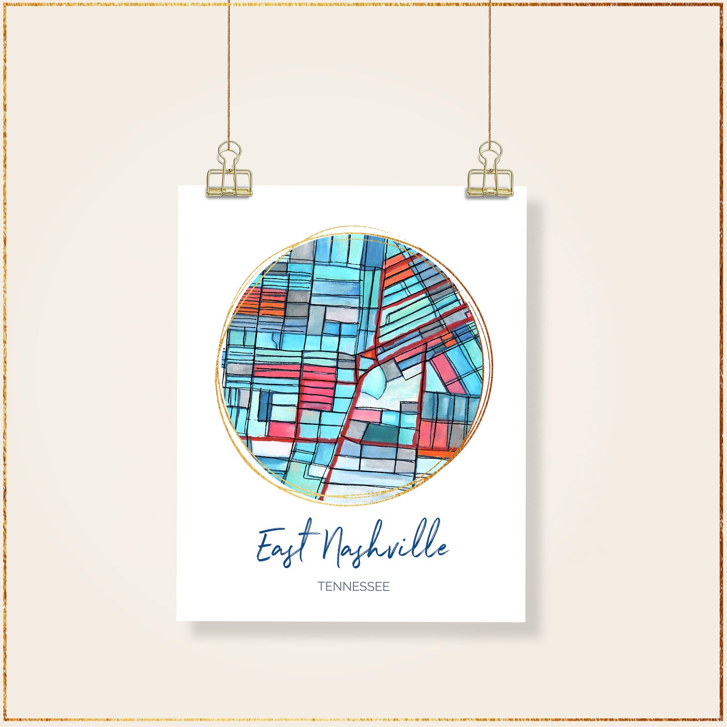 Nashville TN (East Nashville) Map Art - Digital Fine Art Print. Full Color