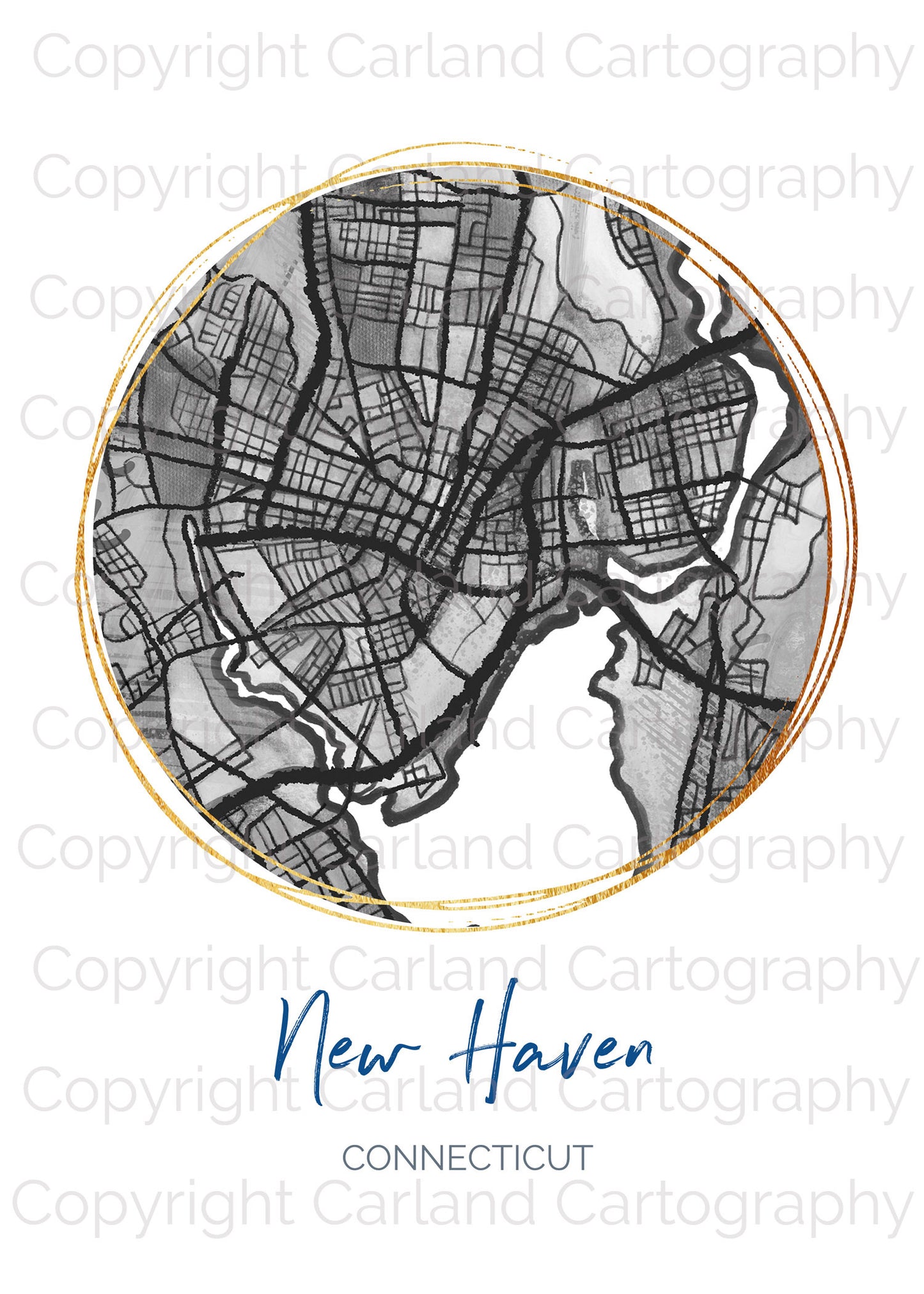 New Haven CT Map Art - Digital Fine Art Print.  Black & White