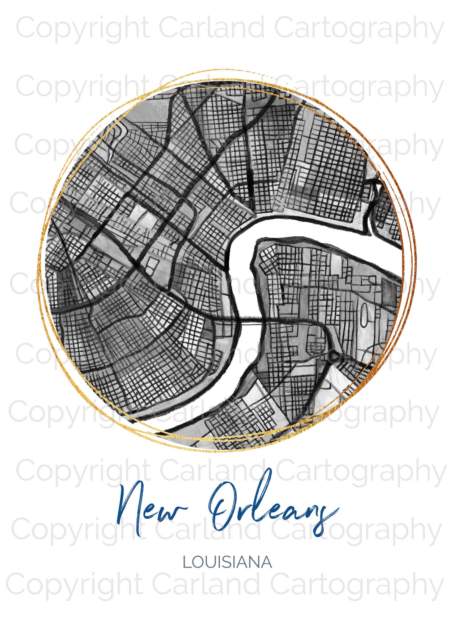New Orleans LA Map Art - Digital Fine Art Print.  Black & White