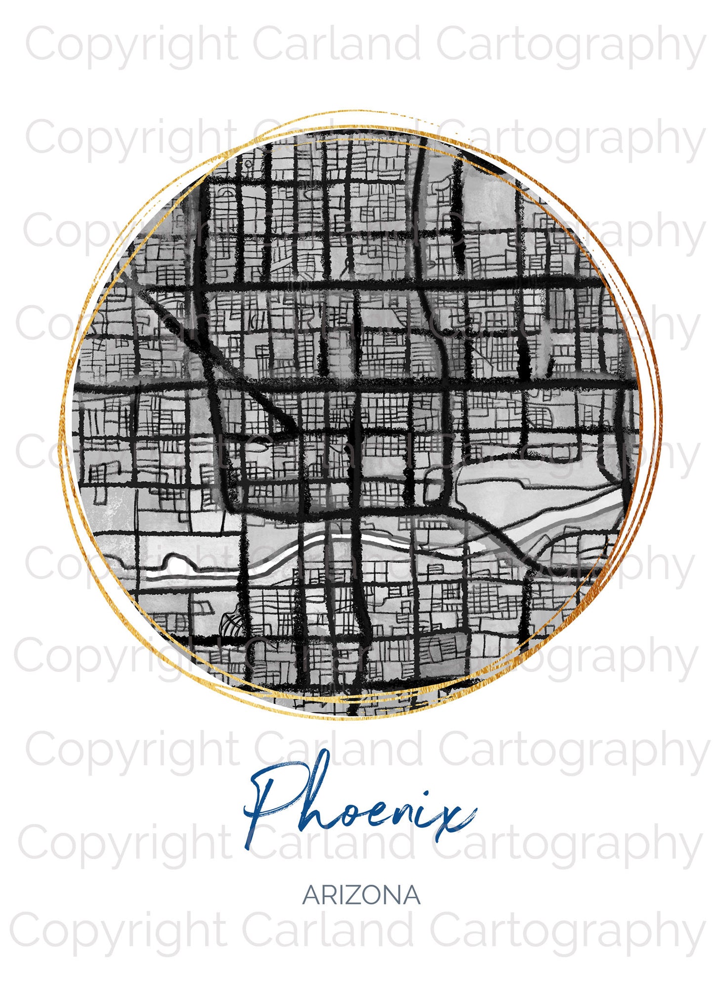 Phoenix AZ Map Art - Digital Fine Art Print. Black & White