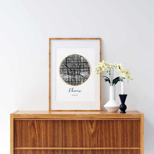 Phoenix AZ Map Art - Digital Fine Art Print. Black & White