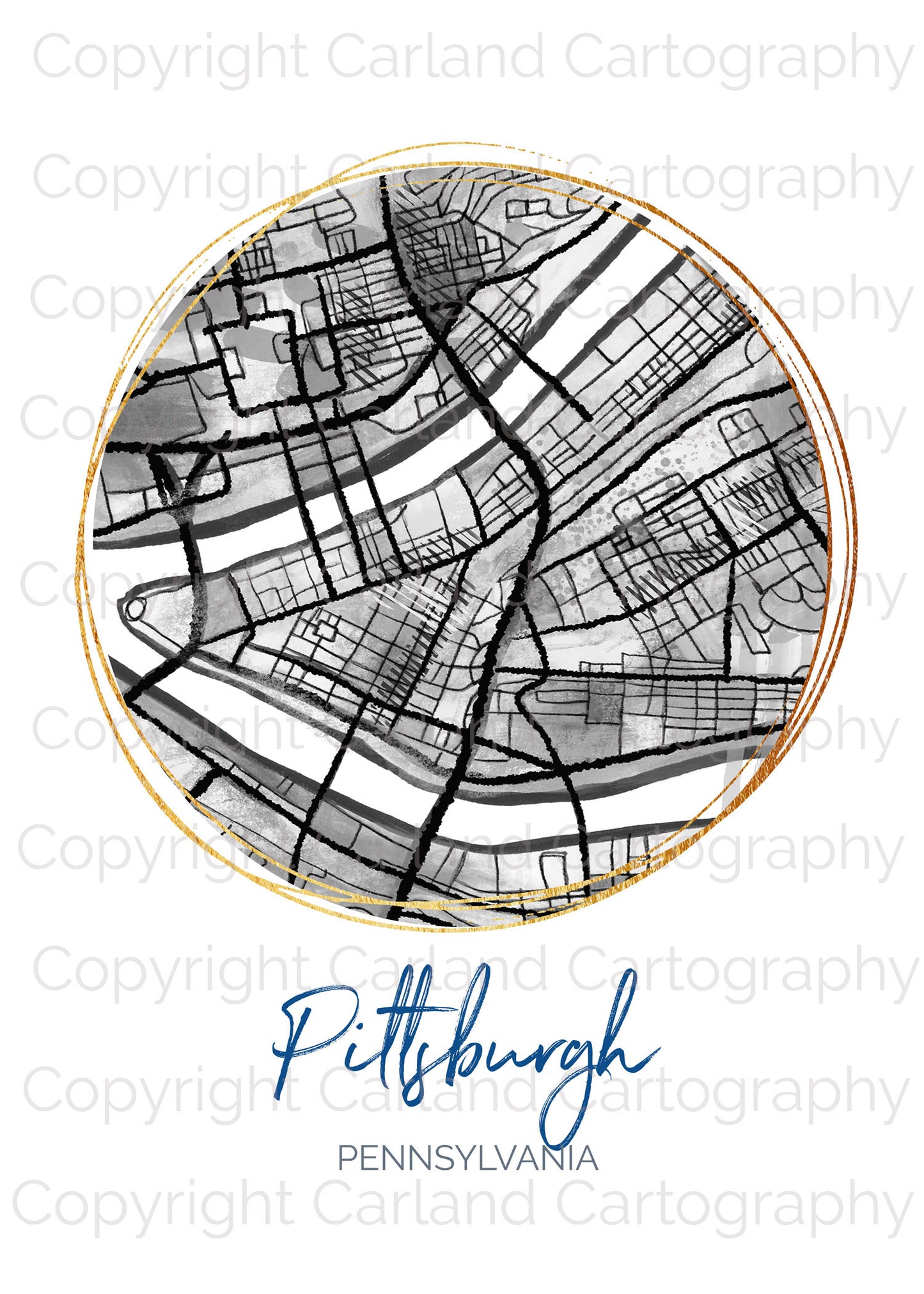 Pittsburgh PA Map Art - Digital Fine Art Print.  Black & White