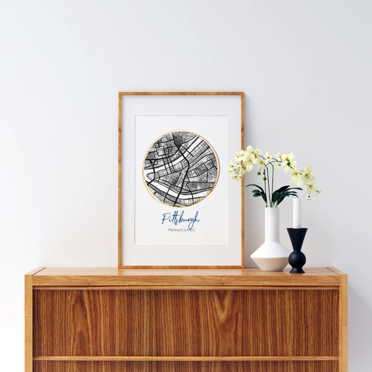 Pittsburgh PA Map Art - Digital Fine Art Print.  Black & White