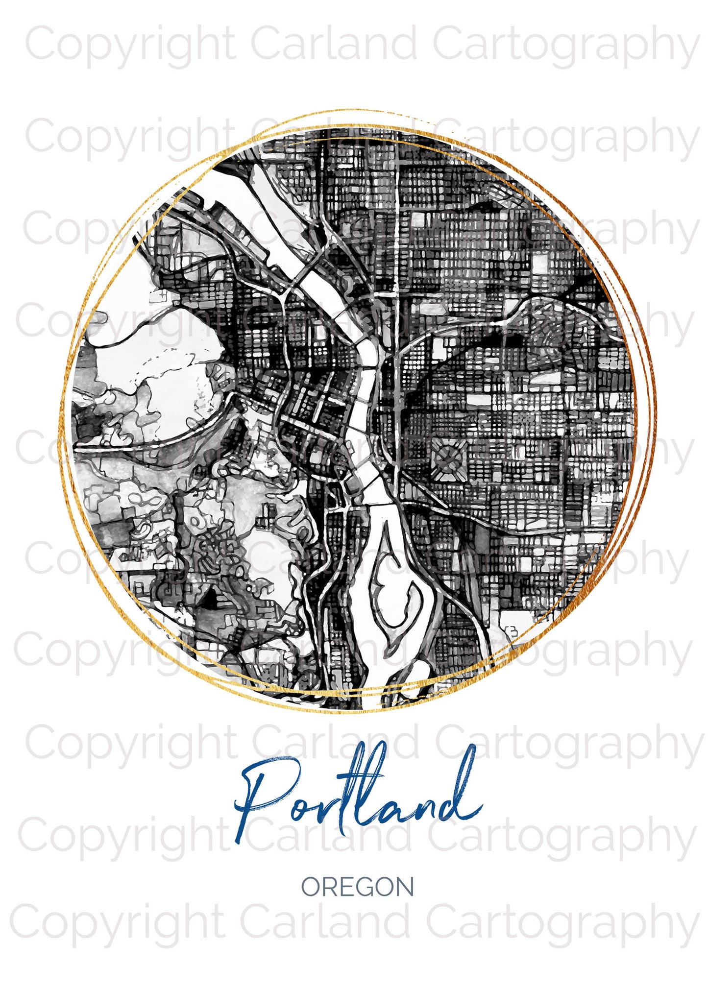 Portland OR Map Art - Digital Fine Art Print.  Black & White