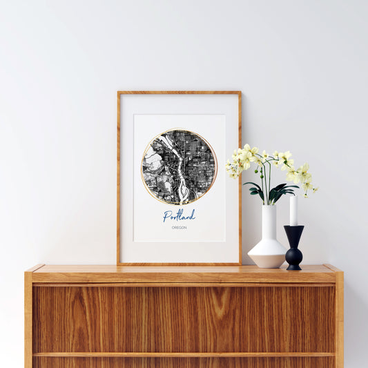 Portland OR Map Art - Digital Fine Art Print.  Black & White