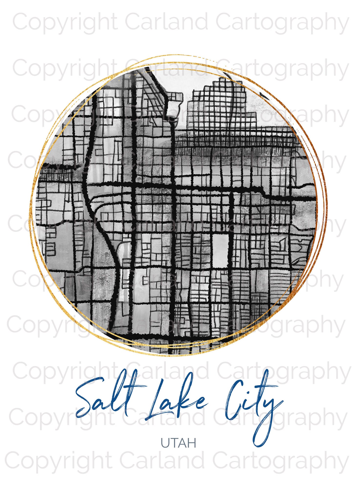 Salt Lake City UT Map Art - Digital Fine Art Print.  Black & White