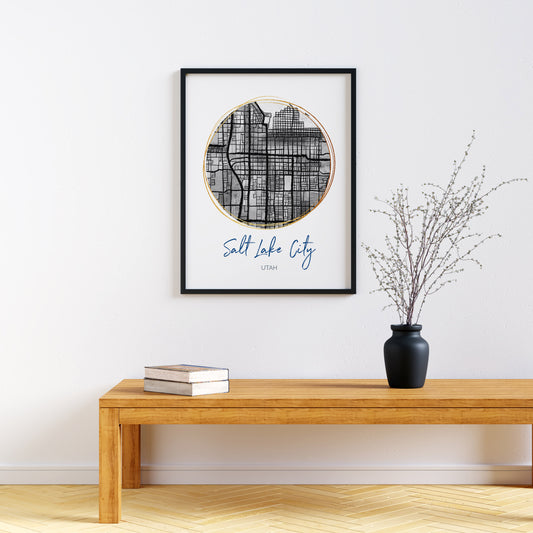 Salt Lake City UT Map Art - Digital Fine Art Print.  Black & White