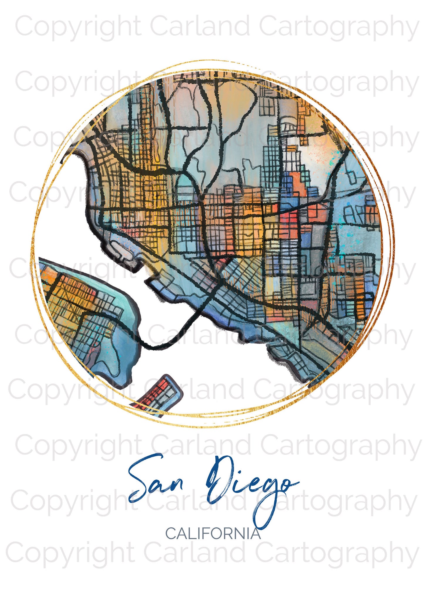 San Diego CA Map Art - Digital Fine Art Print. Full Color.