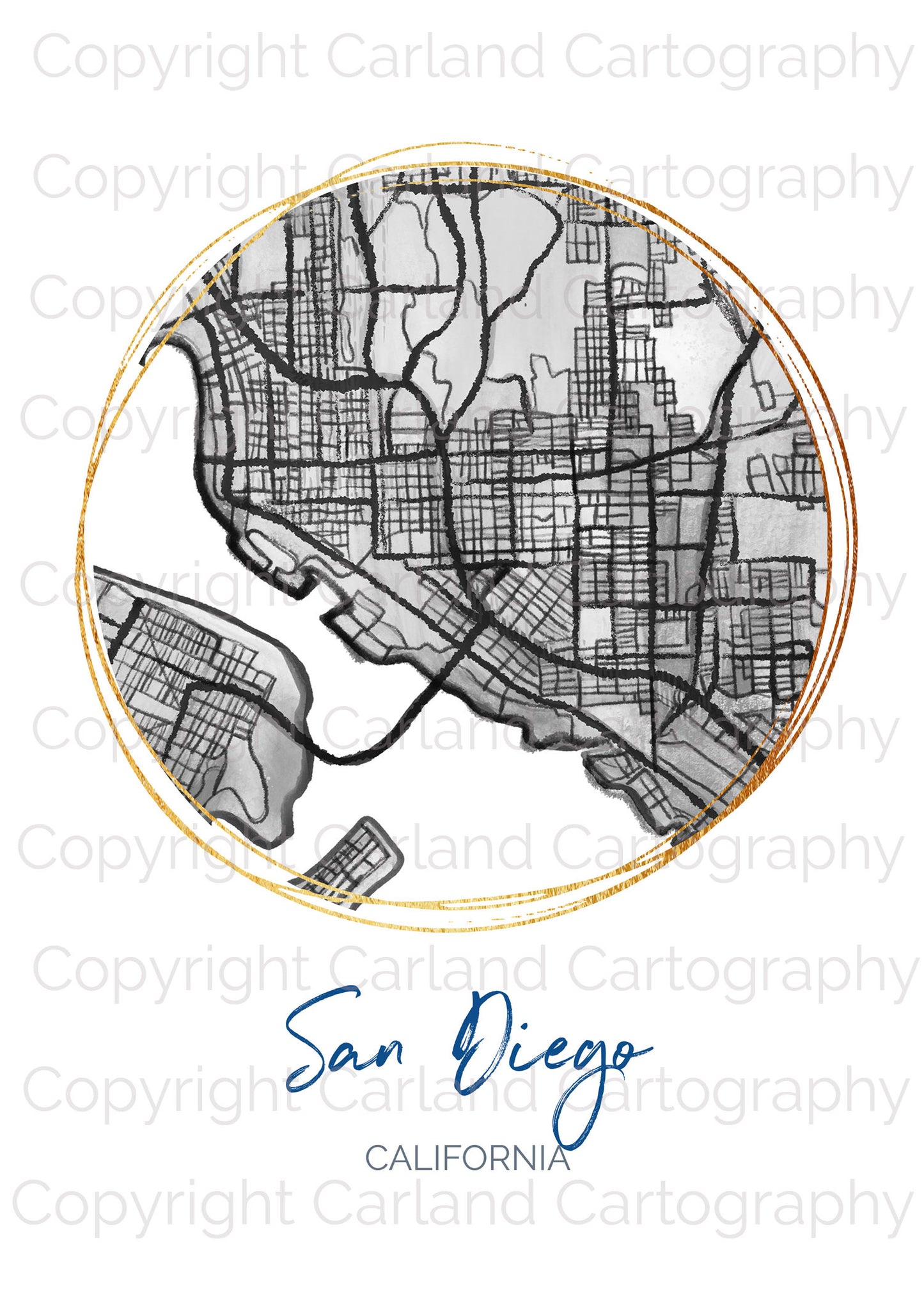 San Diego CA Map Art - Digital Fine Art Print. Black & White